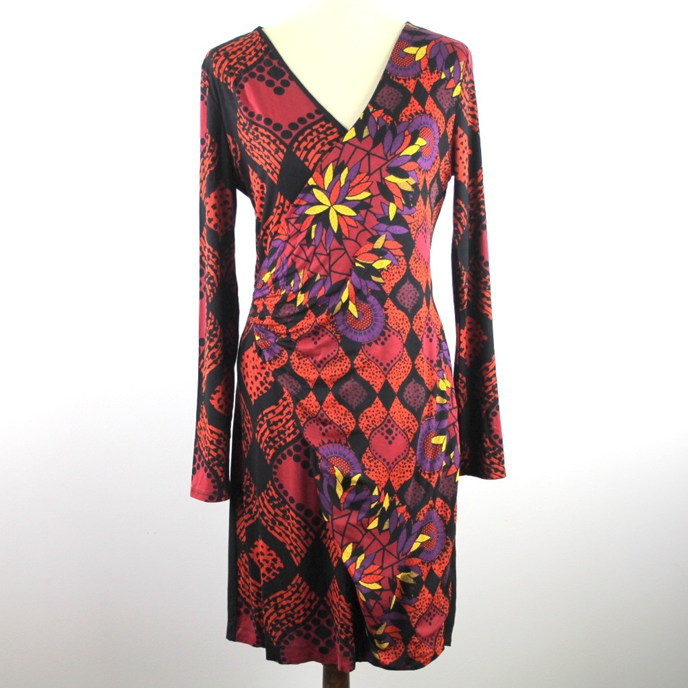 Desigual Jersey Knit Faux Crossover Long Sleeve Multicolor Floral Black Dress L